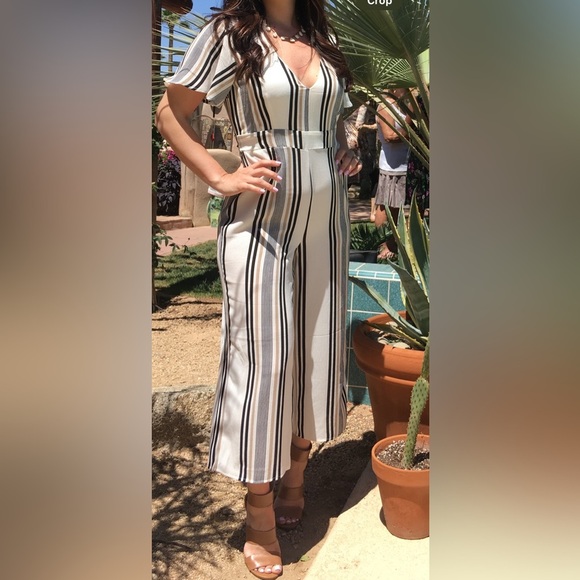 Striped V-Neck Jumpsuit - Picture 1 of 9